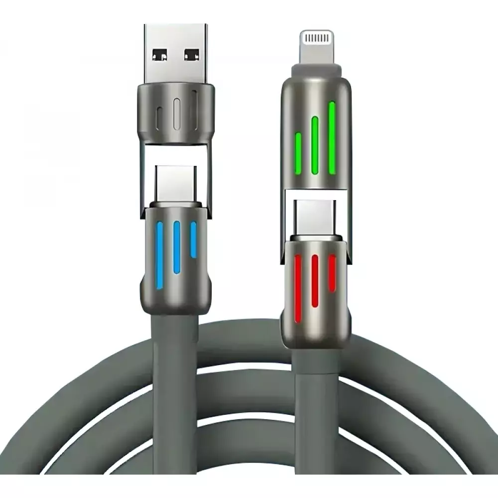 USB 4-in-1 Schnelllade-Kabel 30W | USB-C zu USB anti-verwickelndes Silikon RGB-LED Multi-Geräte-Kompatibilität und langlebig (2 m) - Grau